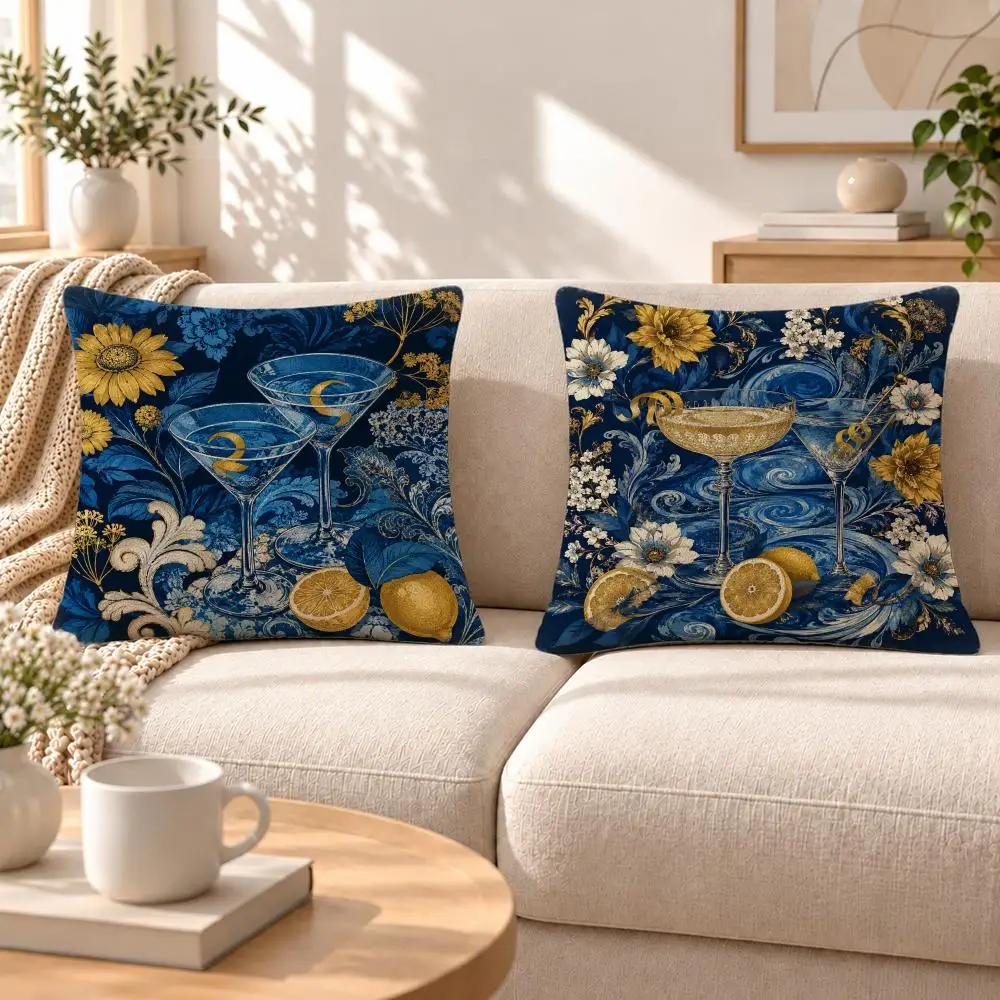 Art Best Selling Cocktail Glass Cushion Cover Soft Short‑Plush Pillowcase, Decor for Sofa & Bedroom, Perfect Holiday Gif