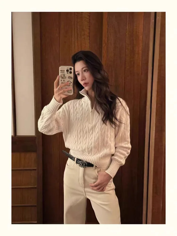 

Faionable Knitted Sweater f Zipper Collar Pure Cotton Winter Women's Warmth Netie Sweater Commute Sle Loose Fit Long...