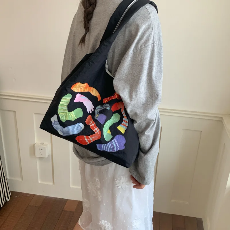 Women's Black Nylon Tote Bag with Colorful Sock Appliques and Embroidery Large Capacity Casual Shoulder Shopper for Daily