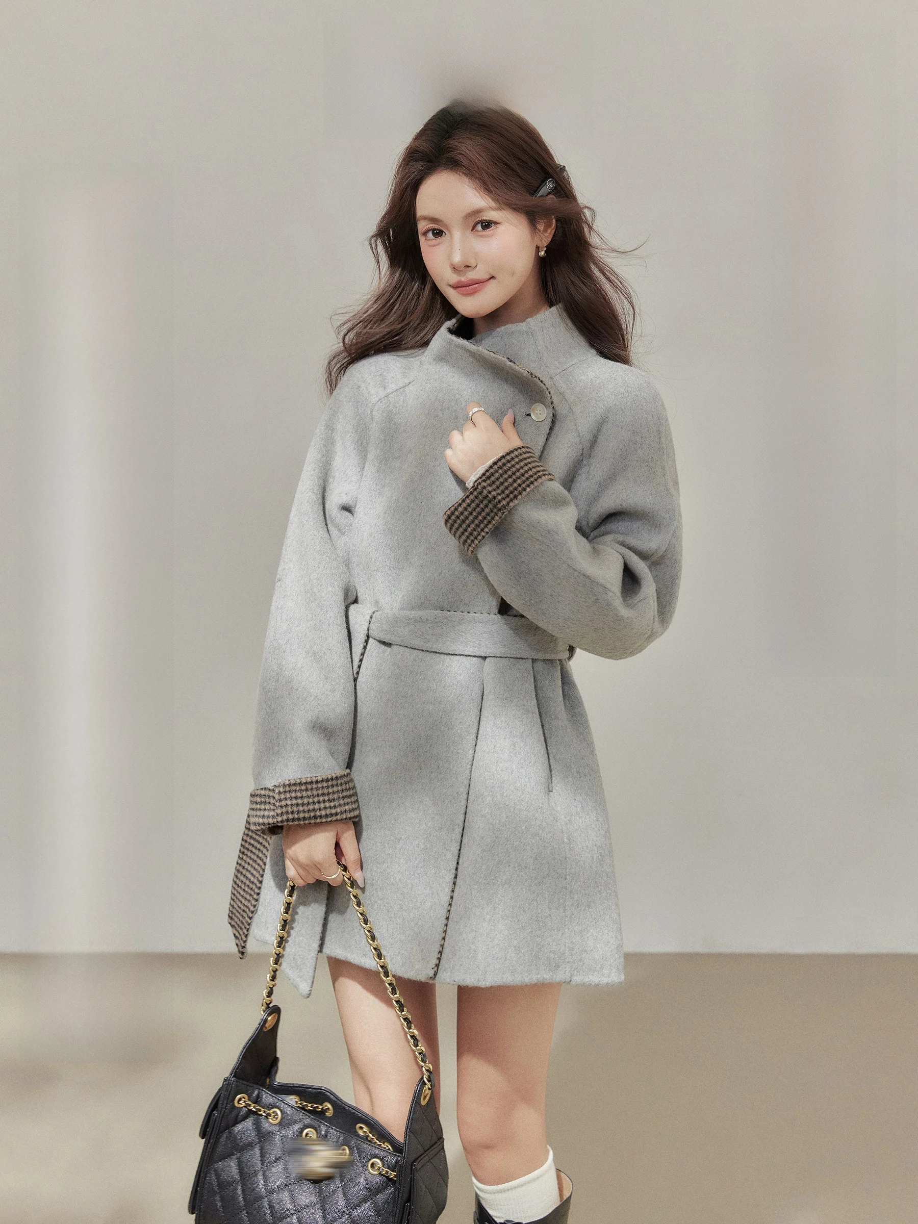 

Двустороннее шерстяное пальто Ele в клетку с воротником-стойкой, зимняя верхняя одежда от Wang Xuan Ladies Faion Thiened Long Sve