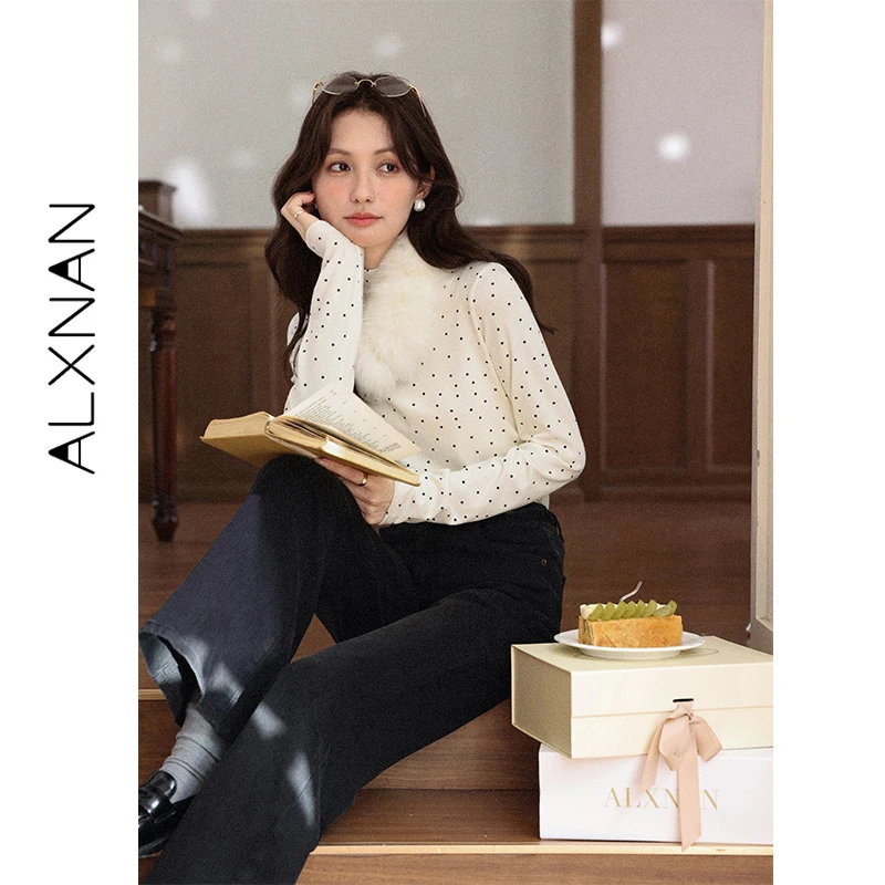 تي شيرت نسائي بأكمام طويلة من ALXNAN تي شيرت أبيض منقط بياقة مدورة بلوفرات أساسية ضيقة للخريف ملابس علوية متعددة الاستخدامات للسيدات L58930