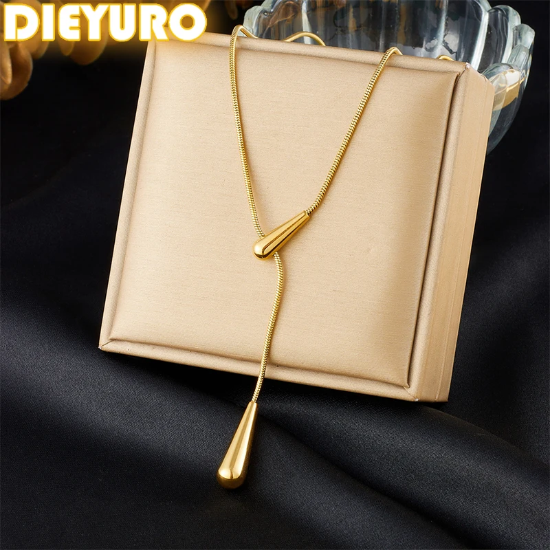 DIEYURO 316L Stainless Steel Golden Water Droplet Pendant Necklace For Women Lady Trend Neck Rope Chain Jewellery Holiday Gift