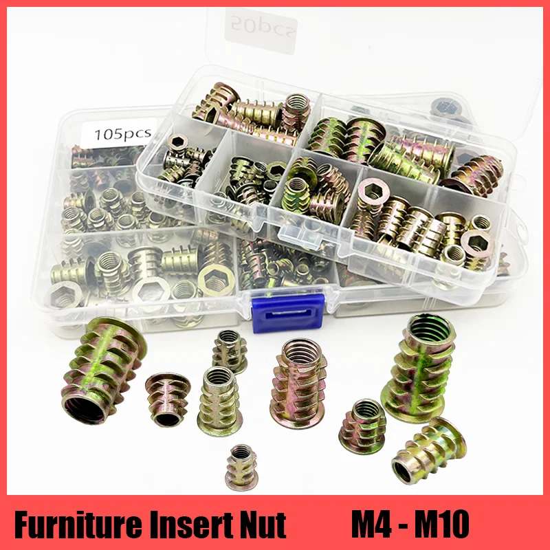 

Wood Insert Nut Set Zinc Alloy Thread For Wood Insert Nut Flanged Hex Drive Head Furniture Nuts Kit 50/105PCS M4 M6 M8 M10