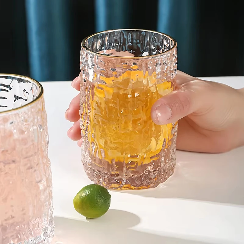 Japan Style Tree Pattern Glass Translucent Golden Edge Water Tea Cup Simple Creative Whiskey Beer Glass for Household