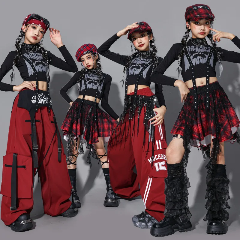 Girls K-pop Off Shoulder Crop Top Joggers Pants Street Dance Shorts Kids Streetwear Children Jazz Girl Hip Hop Group Clothes Set