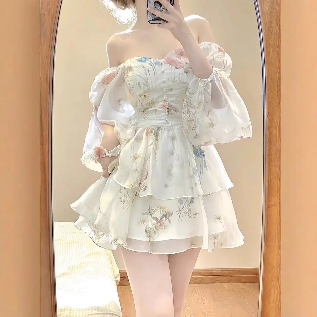 ウエストシェイプショートドレス レディース エレガントな雰囲気 フレンチスタイル 花柄シフォンサマードレス イレギュラーヘムライン フェアリースカート
