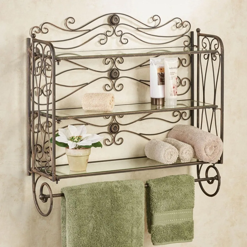Elegant Kadalynn Wall-Mounted Bathroom Shelf with Towel Rack in Antique Bronze - Handcrafted Metal Decorative Storage