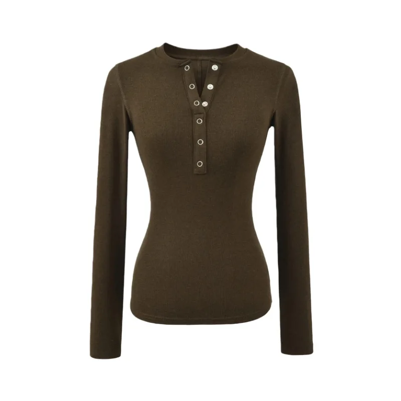

Women Long Sleeve Ribbed Button Up V Neck Tee Tshirt Top Basic