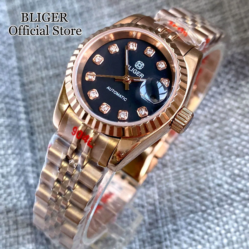 

BLIGER 26mm NH05A Automatic Women Watch Sapphire Glass Two Tone Rose Gold Red Green Dial Diamond Index Steel Bracelet