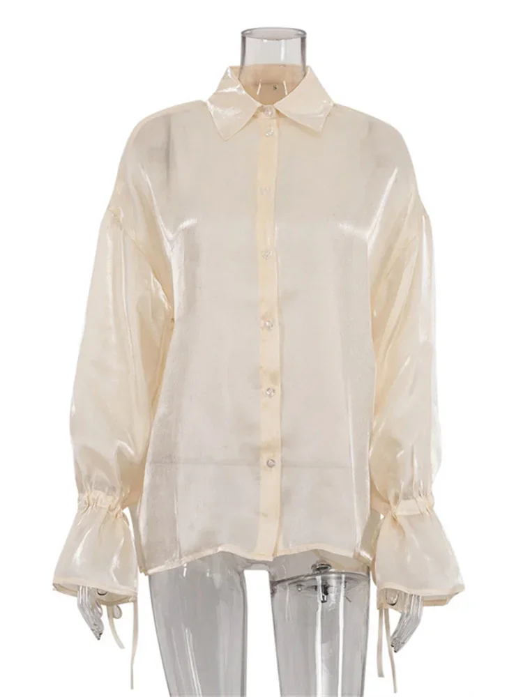 Tossy Casual Loose See-Through Shirts Coat Female Lapel Long Sleeve Lace-Up 2025 Summer Outwear Women's Solid Patchwork Blouse