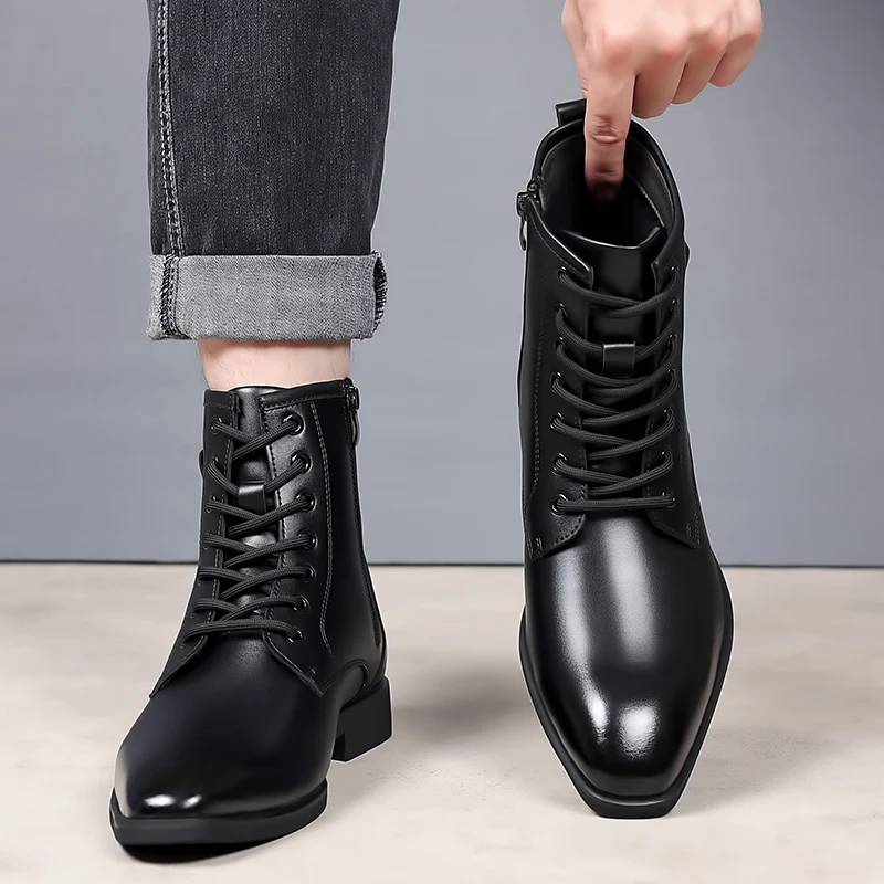 Bottes de rinçage en cuir véritable pour hommes, version intérieure d'affaires, recommande d'augmenter les talons hauts mi-hauts, chaussures pointues pour coiffeurs