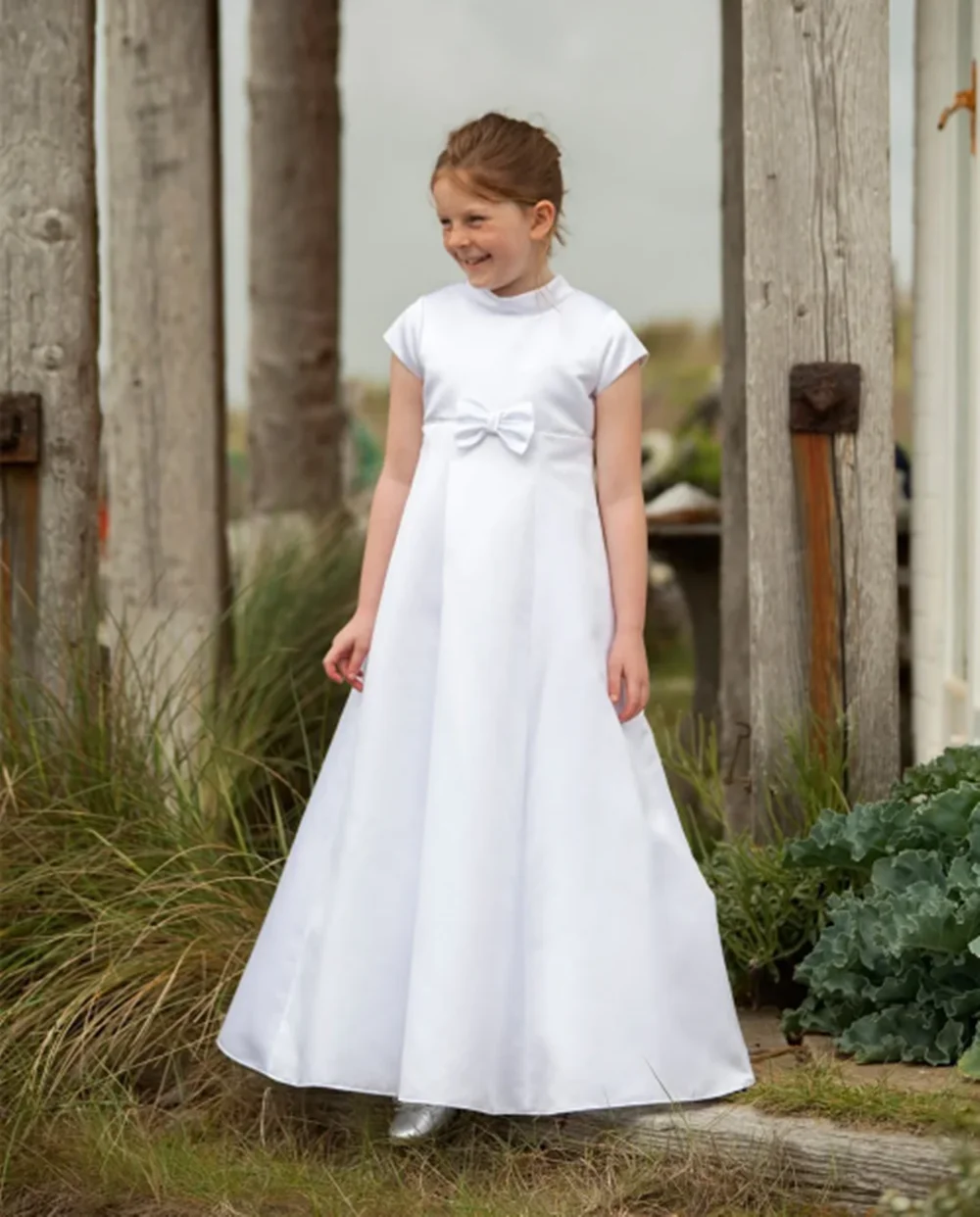 

Princess Wedding Girl Dress Bow A Line Short Sleeve Long Flower Girl Dress Ankle Length Formal First Communion Dress Customized