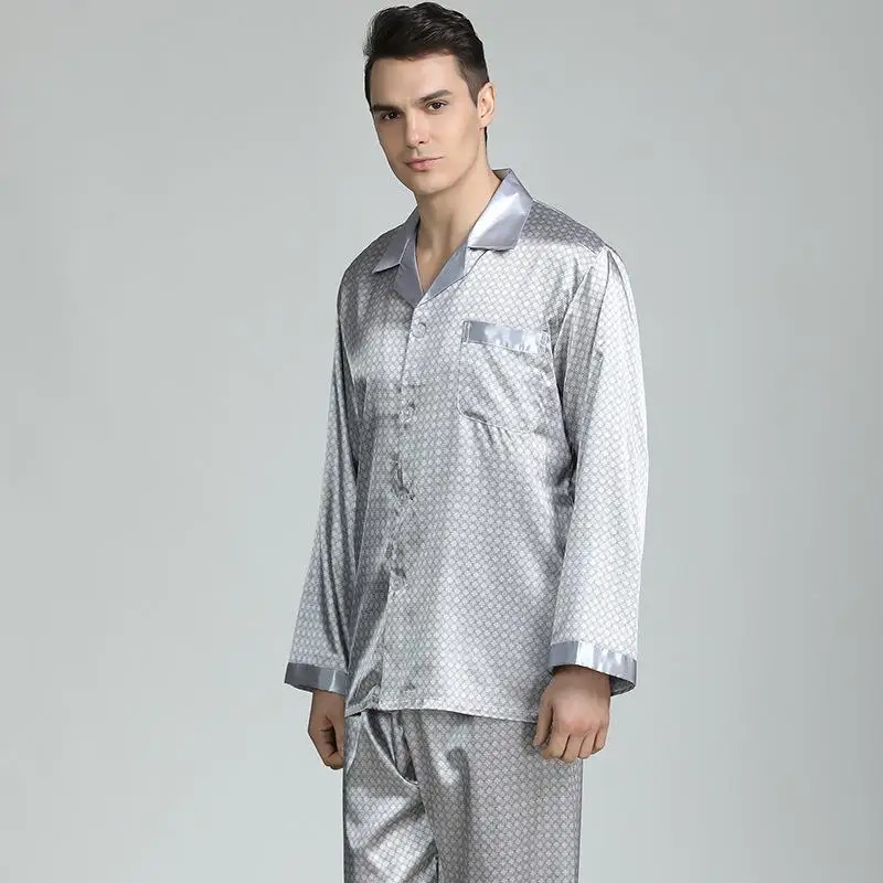 Men's Silk Ice Fabric Long Sleeve Print Sleepwear Set Large Size Home Clothes Spring Summer Autumn Winter Comfortable Pajamas