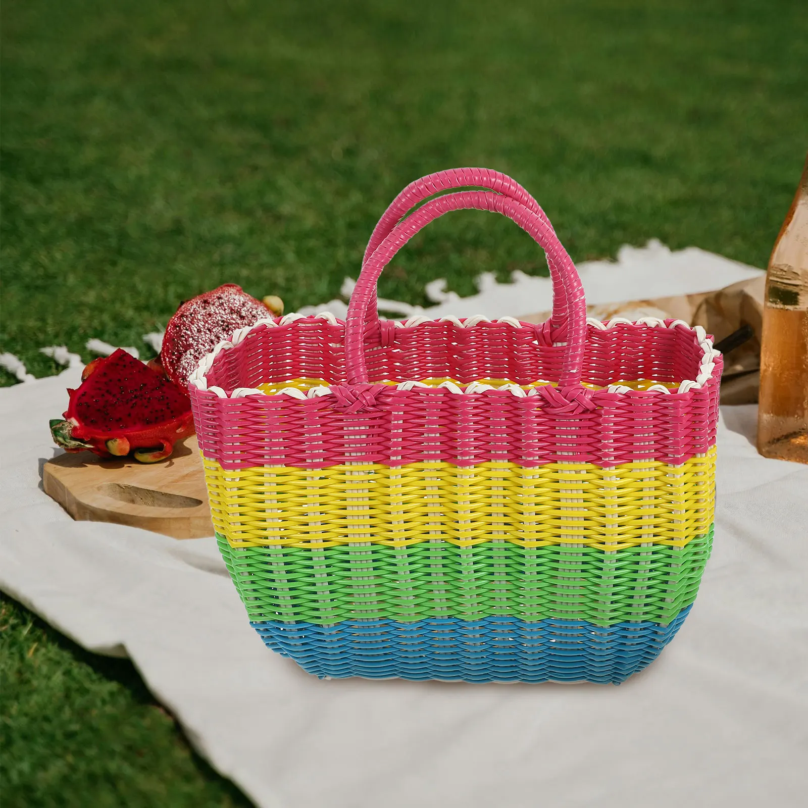 

1pc Plastic Woven Baskets Medium Size Random Color Storage Basket Lightweight Shopping Picnic Fruit Basket With Handle