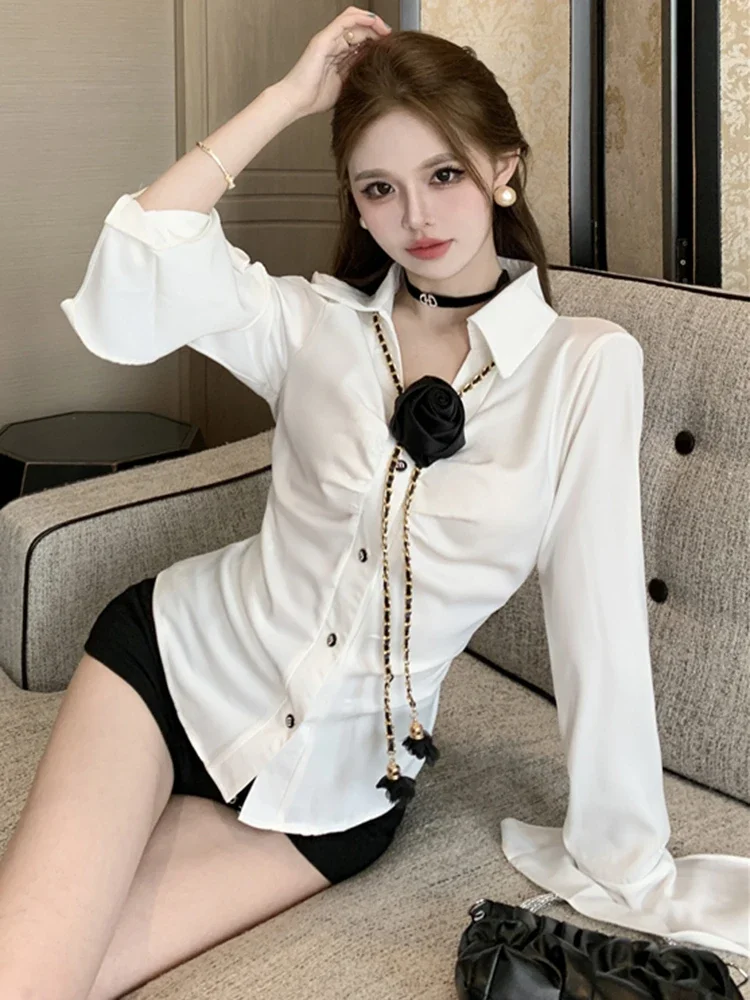 3d Floral Weißes Hemd Frauen Süße Langarm Elegante Dünne Bluse Mode Lässig Koreanische Weiblichen Frühling Plissee Tops Neue