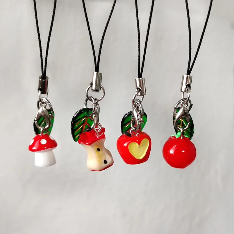 Смола красное яблоко томат гриб брелки телефон ремешок для друга подарок милый имитация листа еда кулон сумка брелок для ключей безделушки