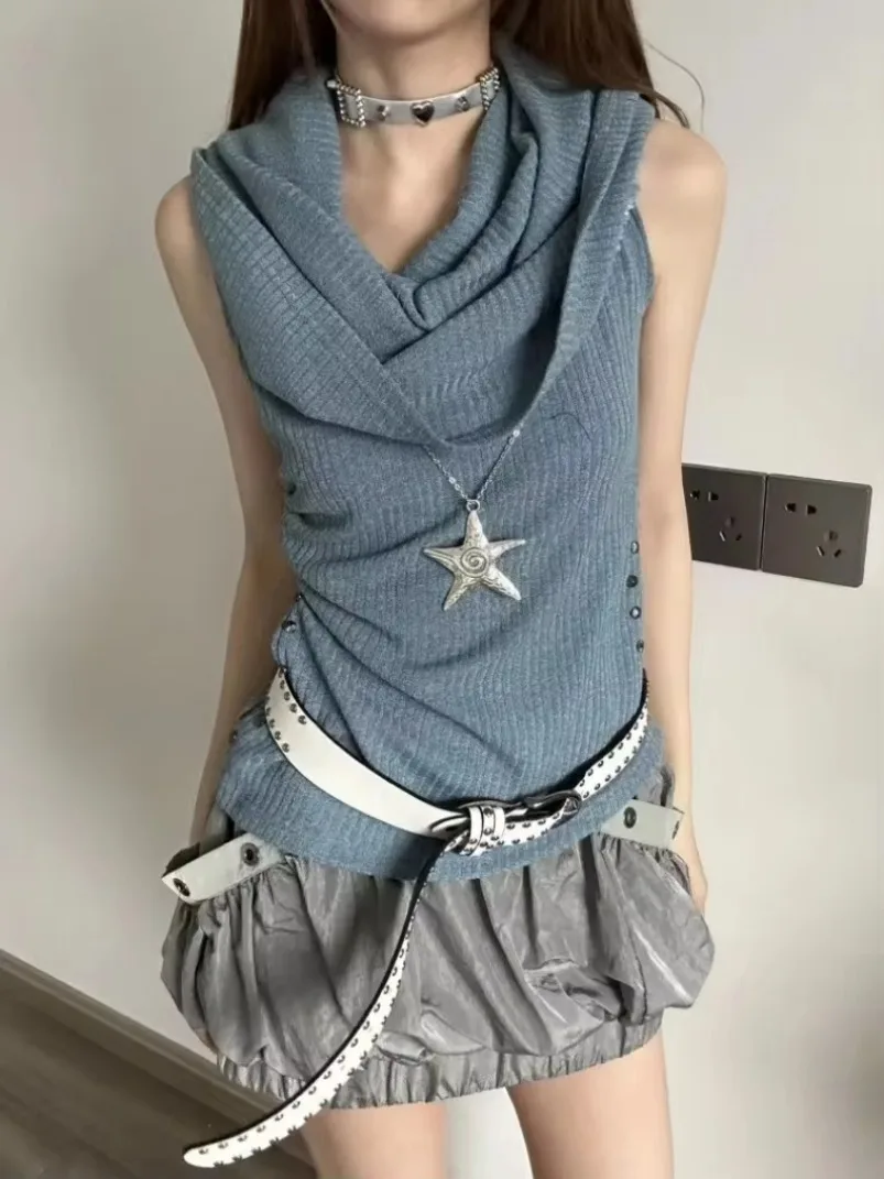 

Simple Slash 2024 Neck Hooded Tank Top Summer Knitted Vest for Women Fashion Y2k E-Girl Sleeveless Bottoming New Tops Mujer