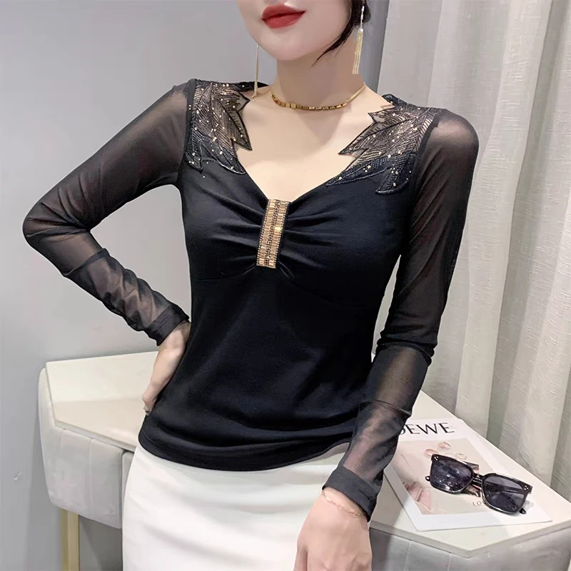 Neue Herbst lang ärmel ige Frauen T-Shirt Mode sexy Mesh heiße Diamanten T-Shirts schicke klassische V-Ausschnitt Büro Damen Tops Blusas