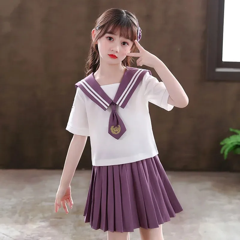 2024 new teens autumn Child School Girl JK Uniform necktie sailor strip Blouse Shirt + solid Pleated Skirt 2pc set 8 10 12 year