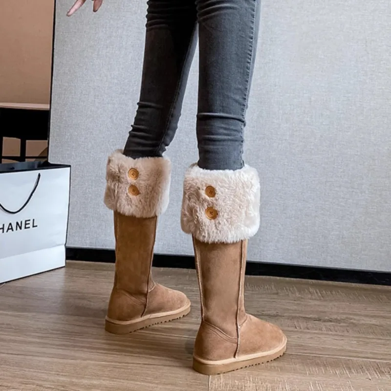 Outdoor Comfortable Snow Boots for Women Winter High-end Feel Two Button Up Long Tube Boots Warm Thick Soled Woolen Boots