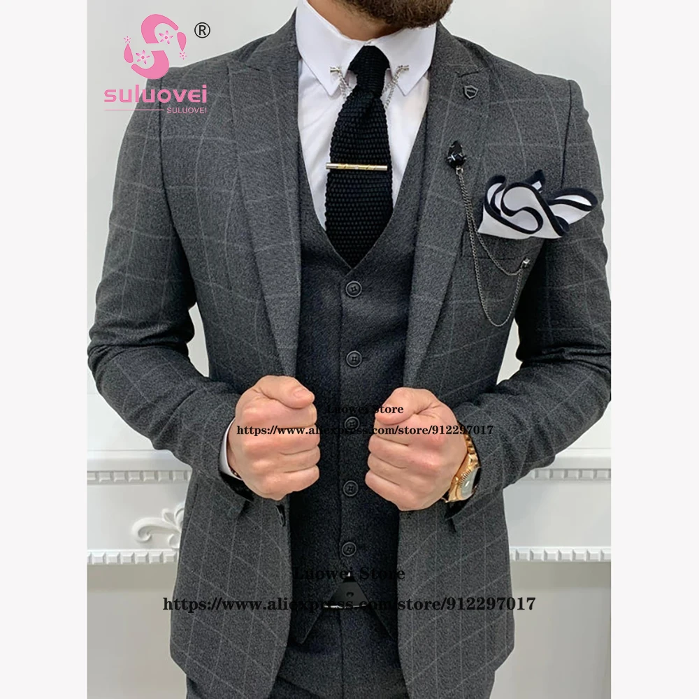 Elegant Plaid Slim Fit Suit For Men 3 PCS Jacket Vest Pants Set Formal Groom Wedding Peakd Lapel Tuxedo Traje De Hombre Elegante