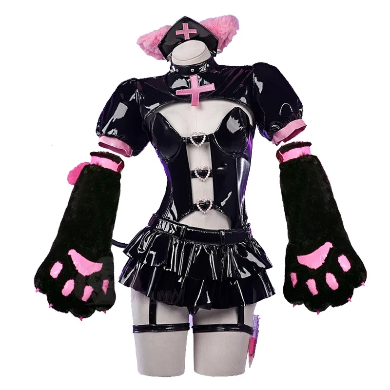 

Anime Nurse Cosplay Costume Women Sexy Leather Bodysuit Bunny Girl Uniform Kawaii Cat Ears Suit Halloween Carnival Party Clothes