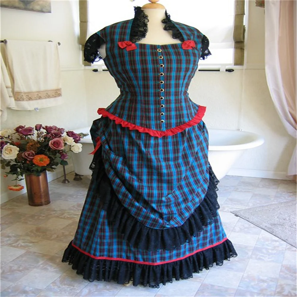 

Victorian Civil War Walking Dress Medieval Colonial Plaid Bustle Ball Gown Halloween Carnival Party Stage Performance Costume