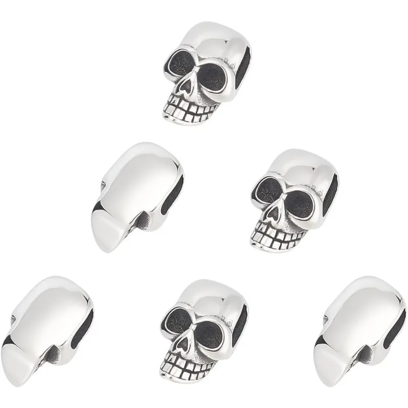 6Pcs 304 Stainless Steel Skull Slider Beads Antique Silver Slide Charms Parachute Rope Skull Head Beads Retro Large Hole Metal