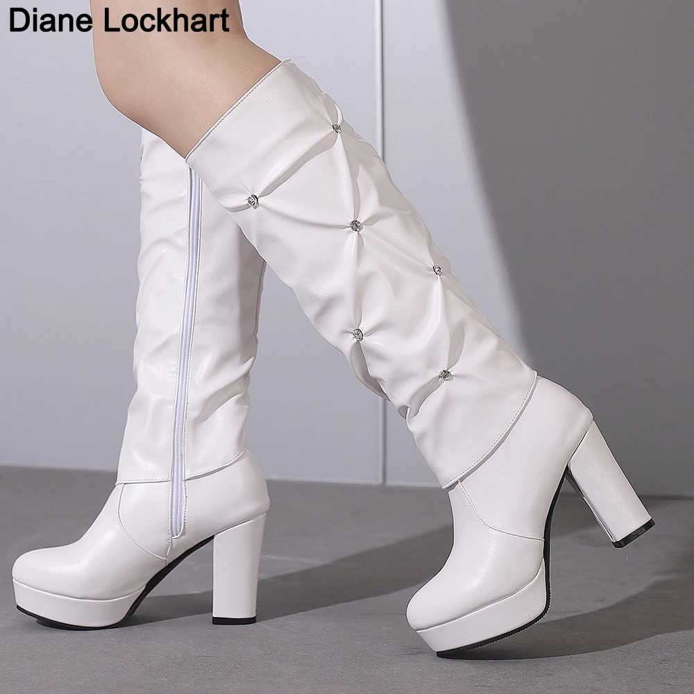 Retro women round toe platform boots Diamond Pleated knee high boots winter High Heel boots ladies chunky heel shoes 2023 New