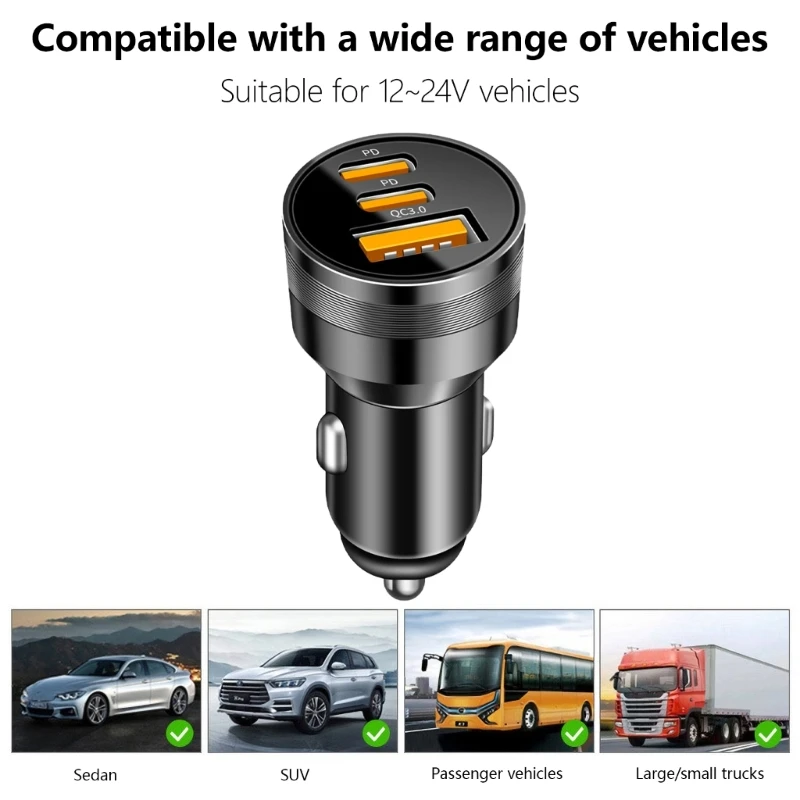 Total 78W QC3.0 Intelligent Car 3-Port Rapid Car Charging Solution Car Fast Charging Adapter with LED Light