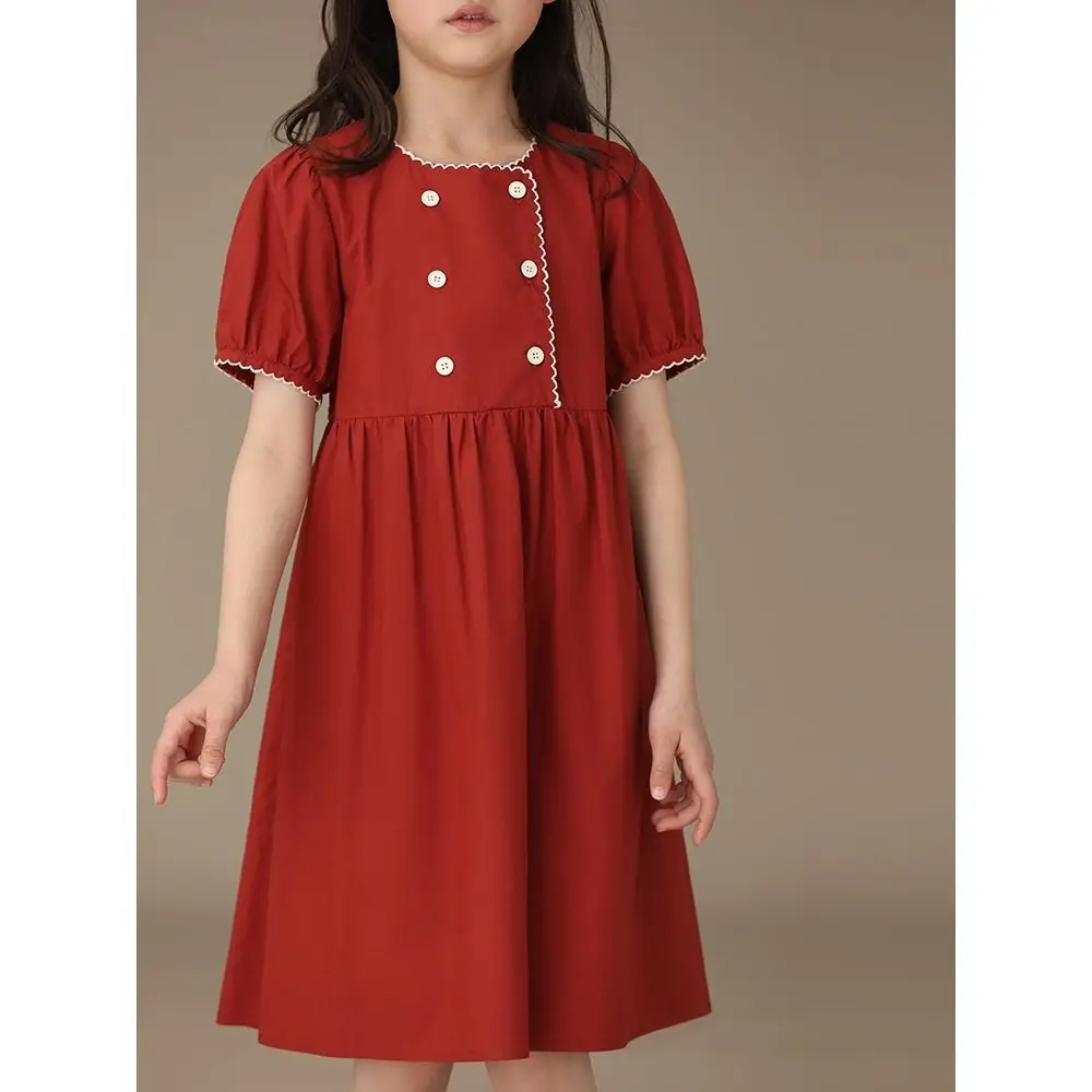 Double Breasted Contrasting Lace Collar Pure Cotton Dress Loose Fitting Children's Clothing Summer Girl Princess Skirt