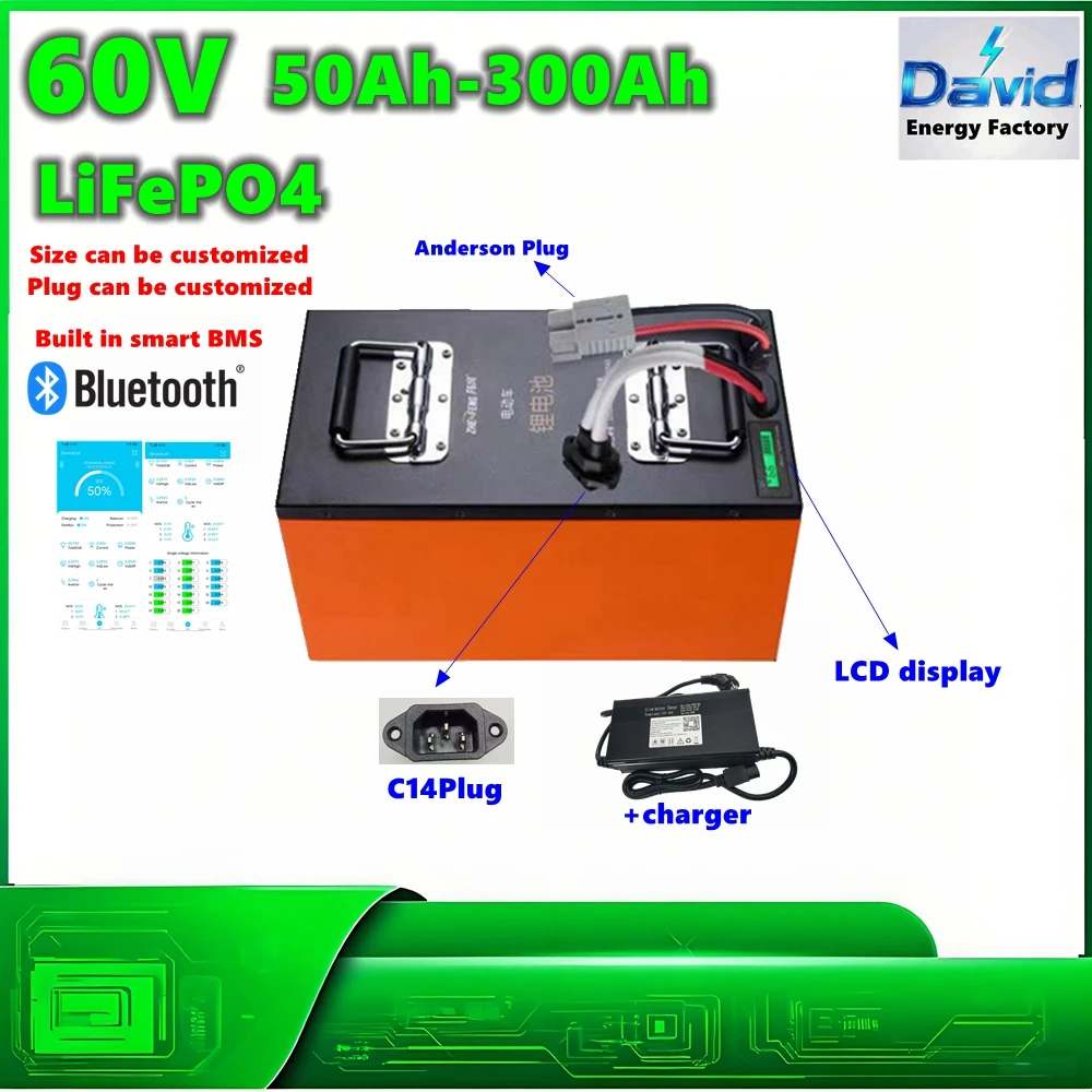 

DV 60V ﻿Rechargeable LiFePO4 Battery scooter tricycle mini car 100Ah 200Ah 300Ah Lithium Batteria for 3KW 6KW 10KW 12KW Go cart