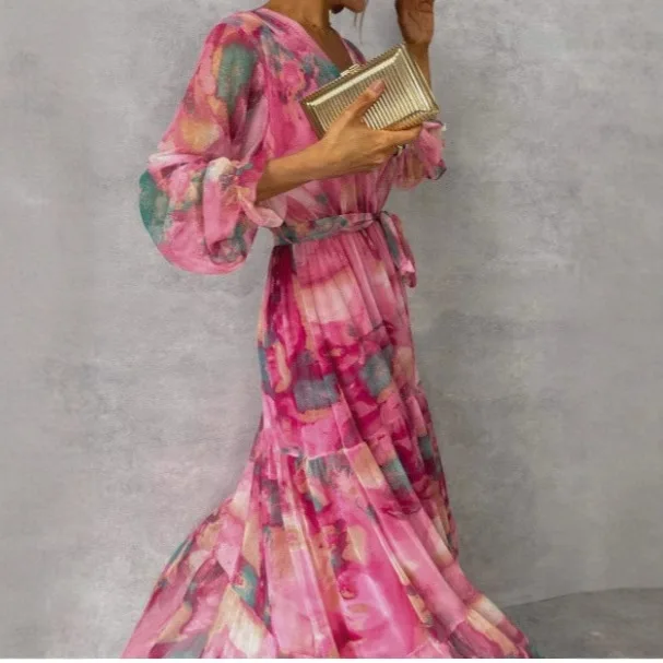 2025 New Fashion Printed Lace-up Dress  Women Summer Casual Loose Lace-up Bohemian Vacation V-neck Long Skirt For Women