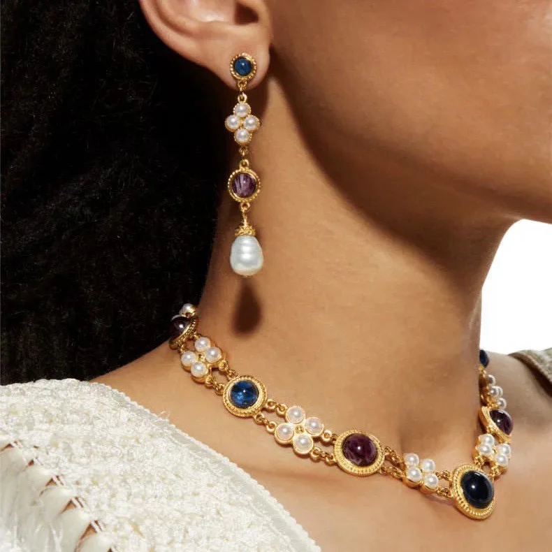 

Europe Vintage Gorgeous Double Layered Pearl Choker Necklace Earring Luxury Set Women Romantic Palace Jewelry
