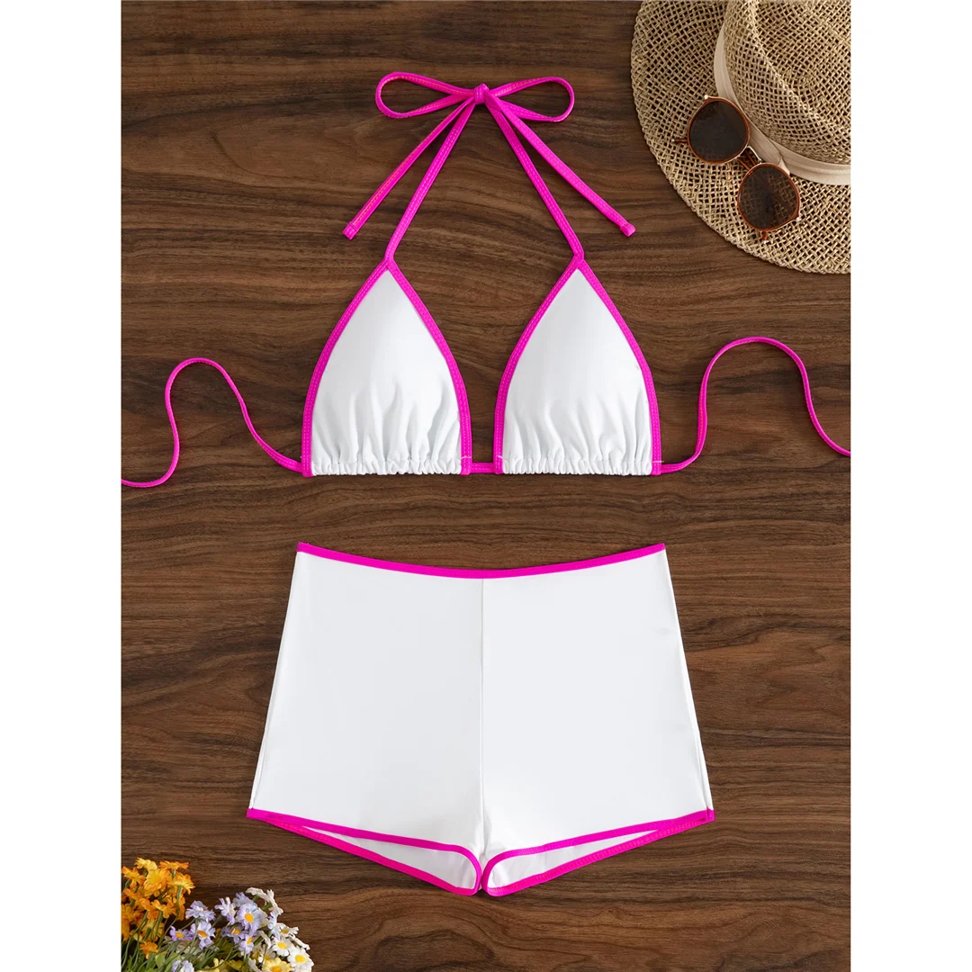 Neu mit Shorts Damen-Badeanzug, Badebekleidung, weiß, sexy, mittelhoher Bund, Bikini, zweiteiliger Bikini-Set V7059 – Detail 8