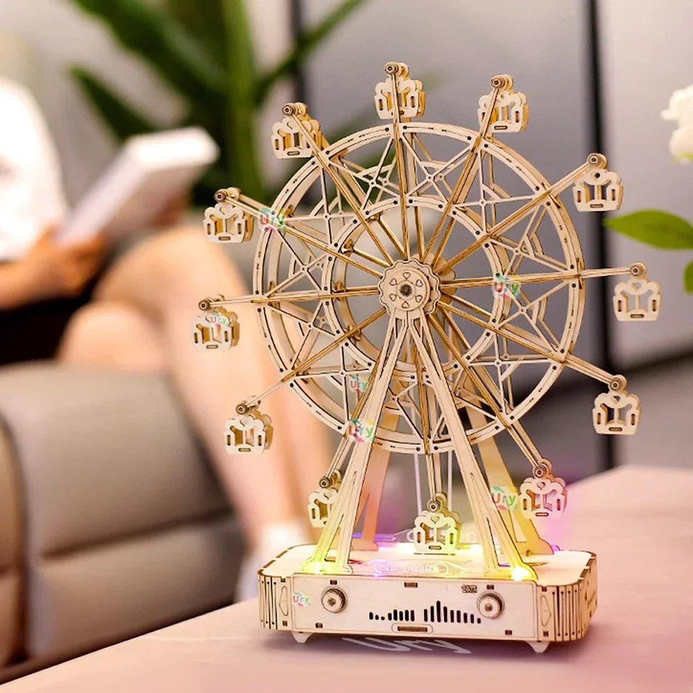 Ury 3D Wooden Puzzles Colorful Led Rotatable Ferris Wheel Music Octave Box Mechanical Kit Assembly Decor DIY Gift for Kid Adult