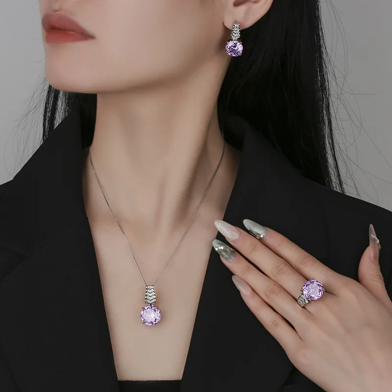 

Shiny Purple Rose Cut Gemstone Jewelry Elegant Luxury Fashion Silver Plated Earrings Necklace Ring for Women Party Wedding Gift