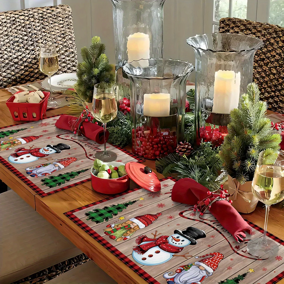 VIKAMA Snowman Gnome Plaid Tree Placemat Red Black Buffalo Plaid Border Table Placemat Dinner Mats Holiday Gathering