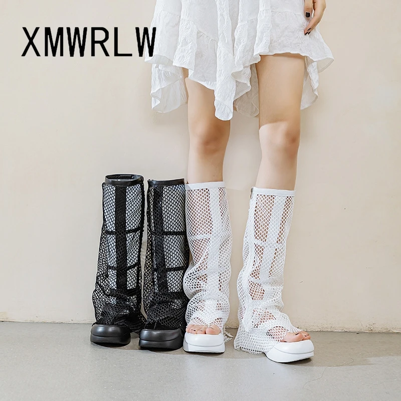 XMWRLW 2023 Women\'s Summer Boots Breathable Mesh Female Shoes Fashion High Heels Thick Sole Women Summer High Boots Shoes Boot