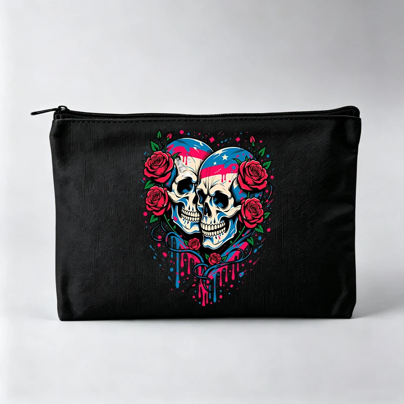 Women's Skull Graphic Makeup Bag with Roses, Zipper Cosmetic Pouch for Daily Use