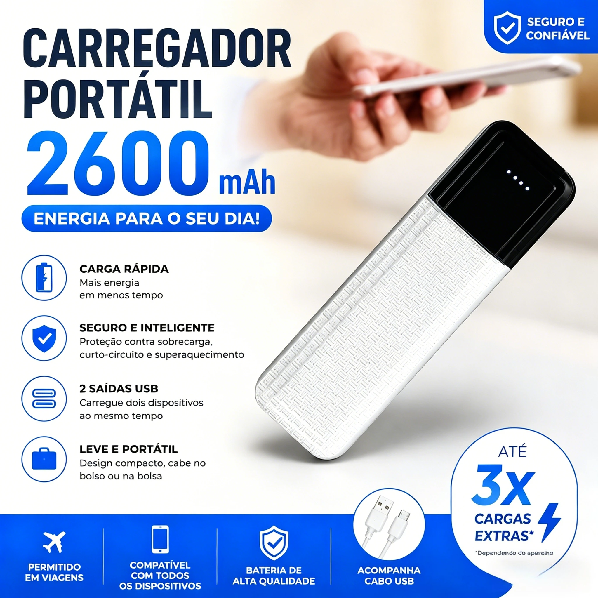 Power Bank 2600mAh Mini Bateria Externa de Bolso Leve Recarregável para Emergências, Viagens Curtas e Celular