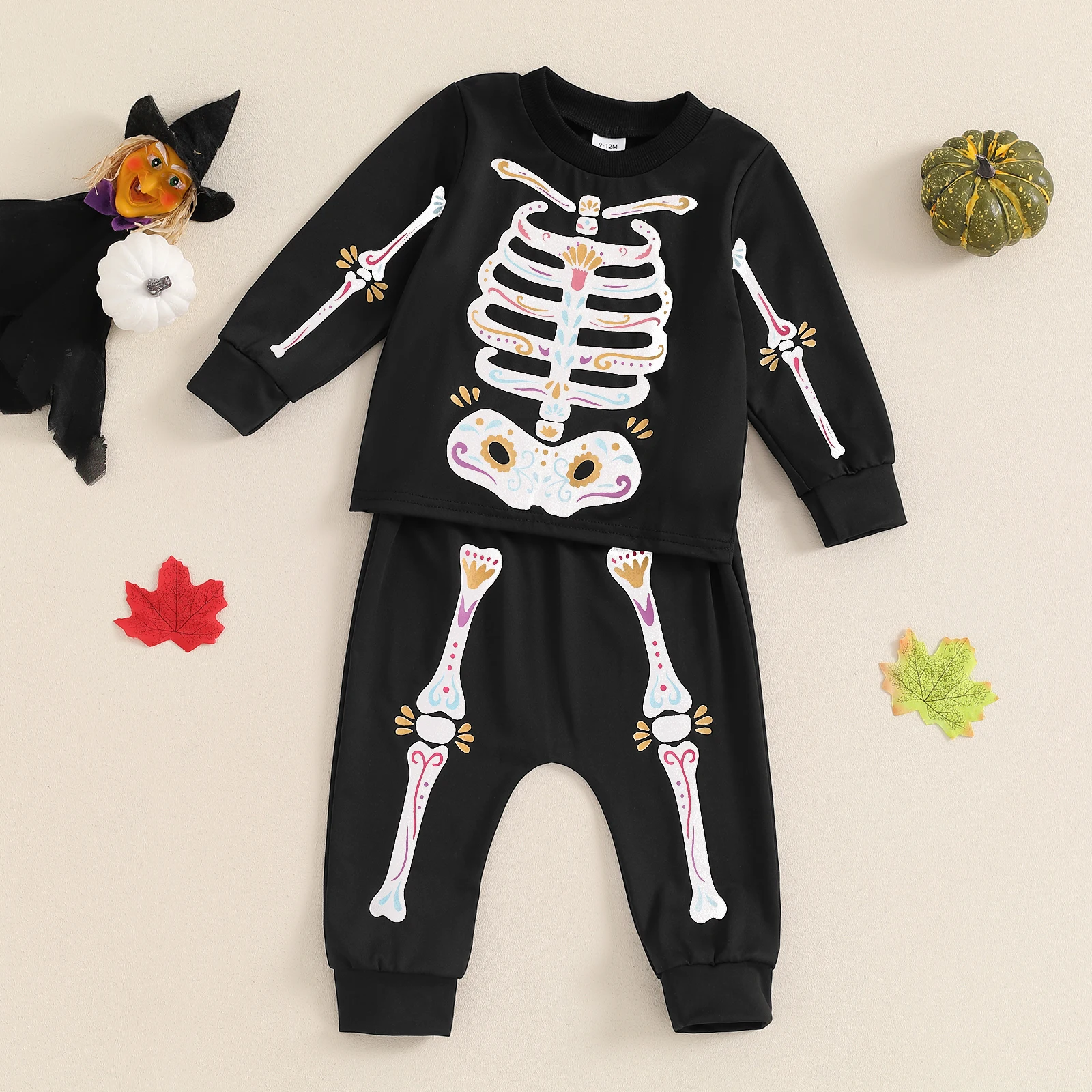 New Baby 2Pcs Halloween Outfits Long Sleeve Skeleton Print Sweatshirt Tops Pants Set Day of the Dead Clothes Halloween Costume