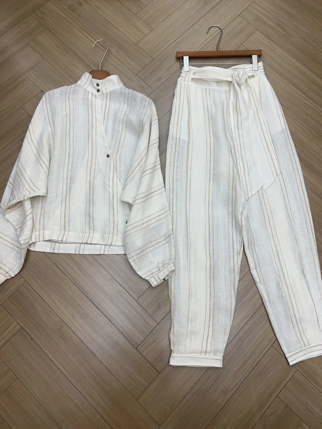 Women's Set 2024 New Spring Summer Striped Linen Striped Casual Short or Loose Wide Leg Pants