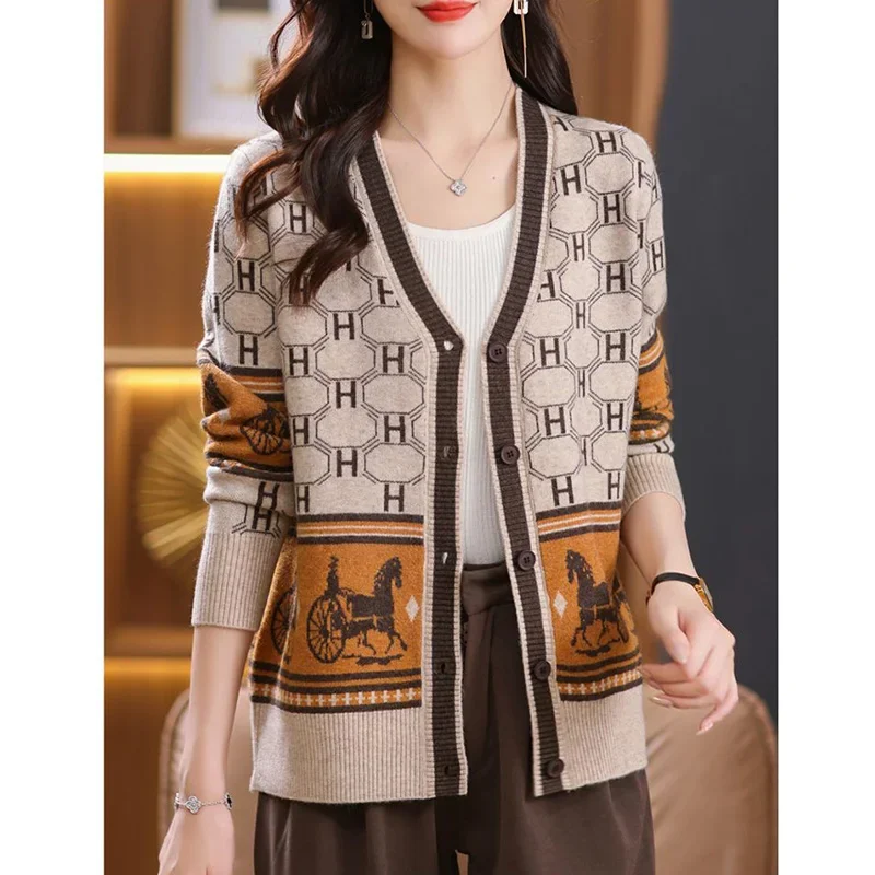 Women Knitwear Vintage Fashion Cartoon Jacquard Cardigan Spring Winter Casual Loose V-neck Commute Sweaters