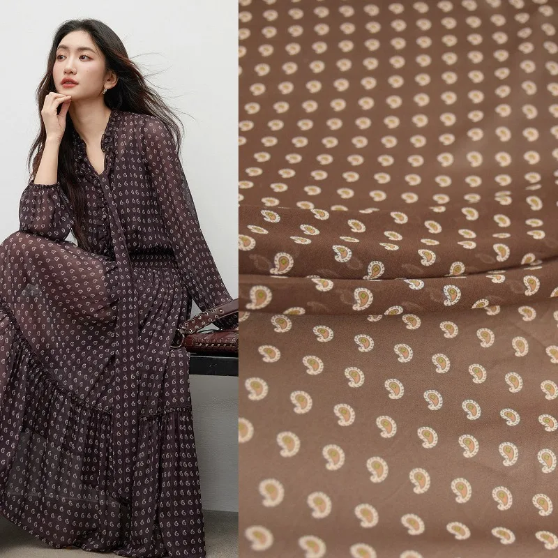 Small Cashew Flower Printed Chiffon Fabric Lightweight Transparent Spring Summer Shirt Dress Top Silk Scarf Handmade Fabric