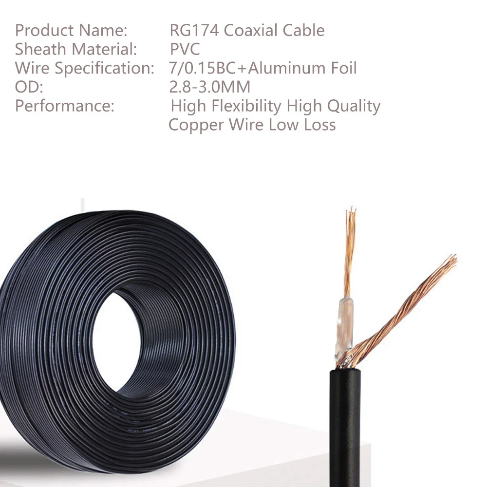 10M 50M 100M RG174 Cable Connector Wires RG174 RF Coax Coaxial Cable for Automotive Communication Surveillance Video Coaxial