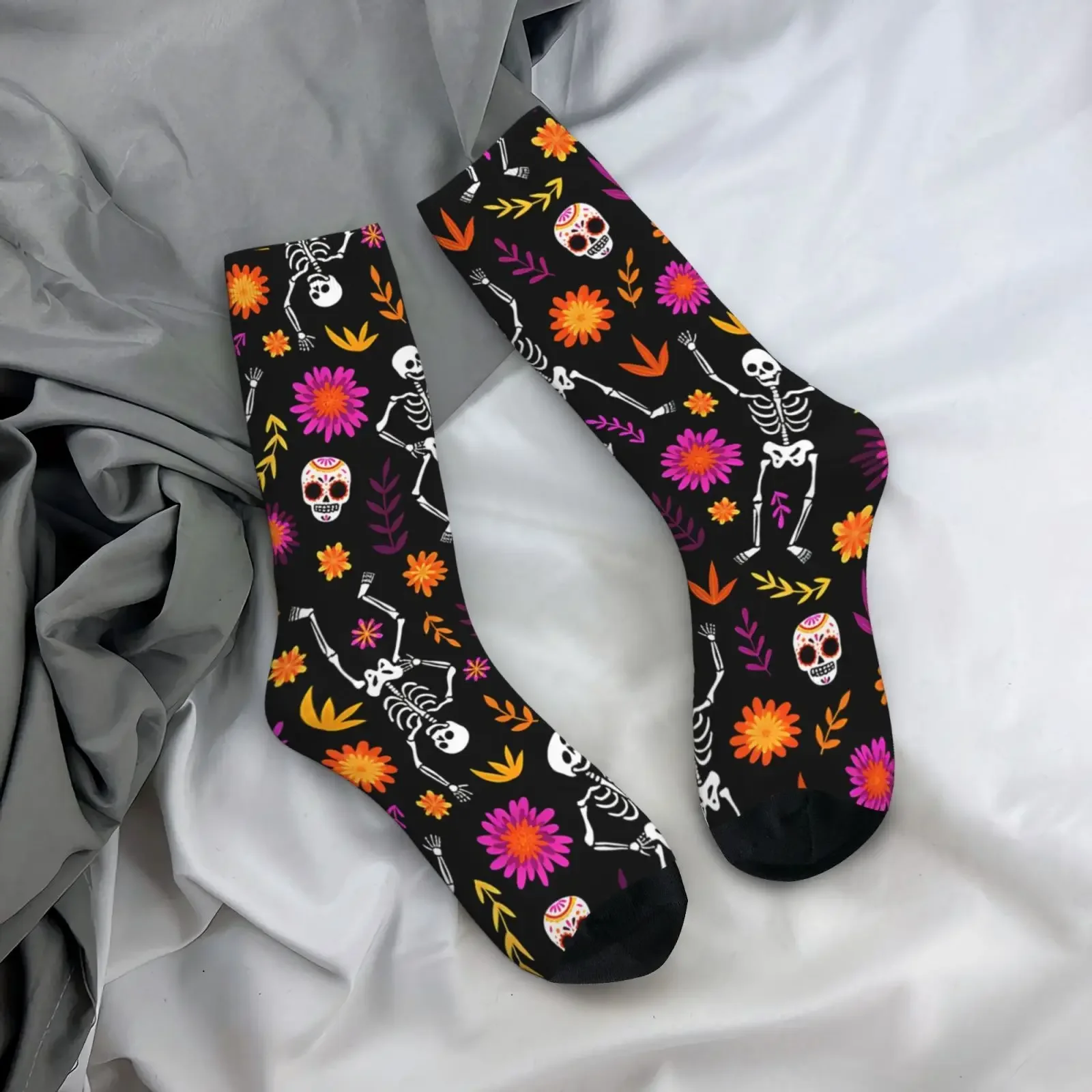 

Polyester Spandex Knit Fabric Crew Socks Día De Los Muertos Theme Happy Skeleton Floral Print, Casual Novelty