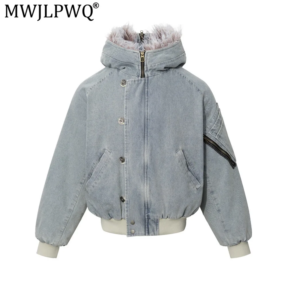 MWJLPWQ Men's Winter Denim Cotton Jacket Thickened Hooded Faux Fur Collar Trendy Washed Distressed Design Tops 2026 Chic 21355