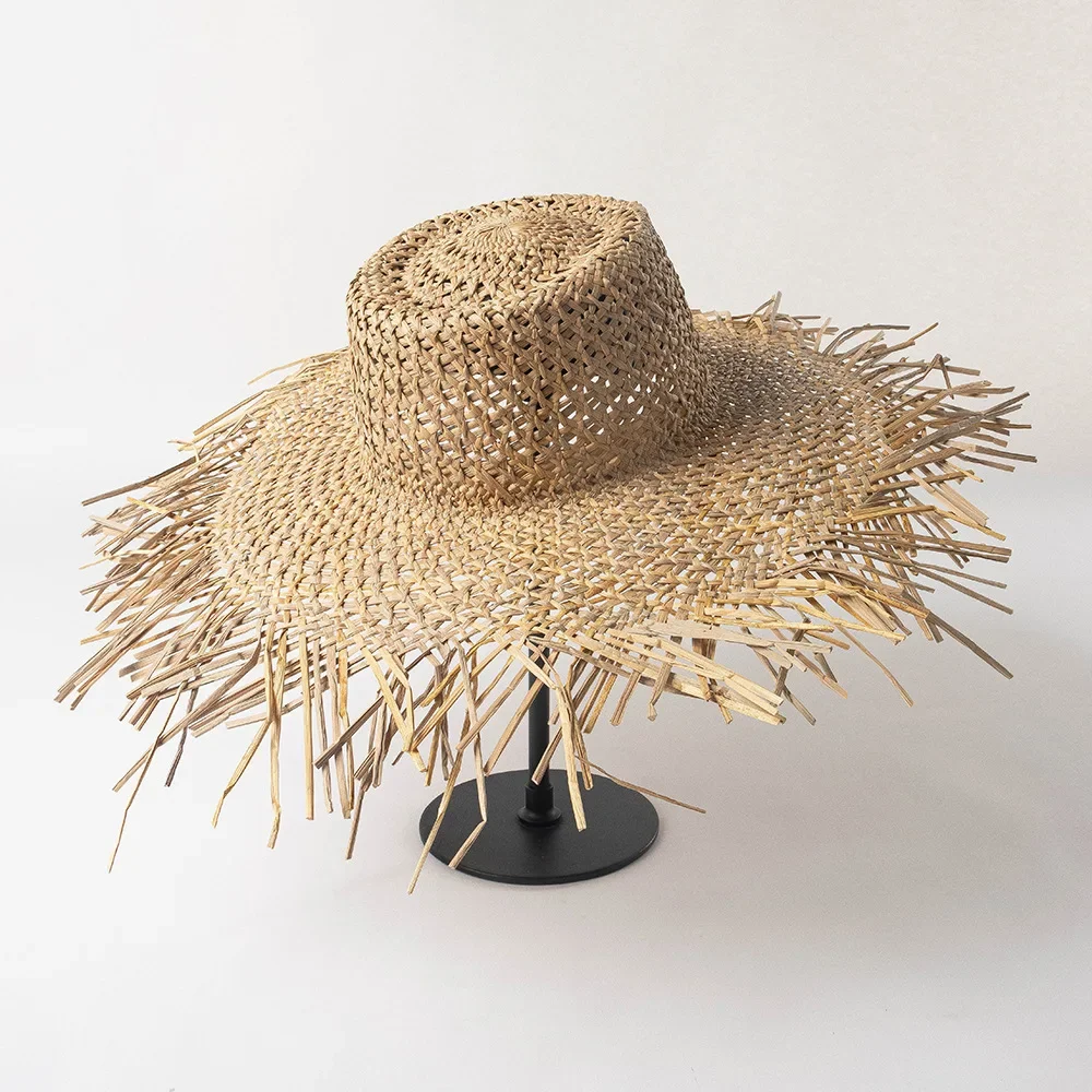 Hollowed Out Straw Sun Hat Frayed Large Brim Summer Beach Hat Women UV Protection Sun Holiday Hat