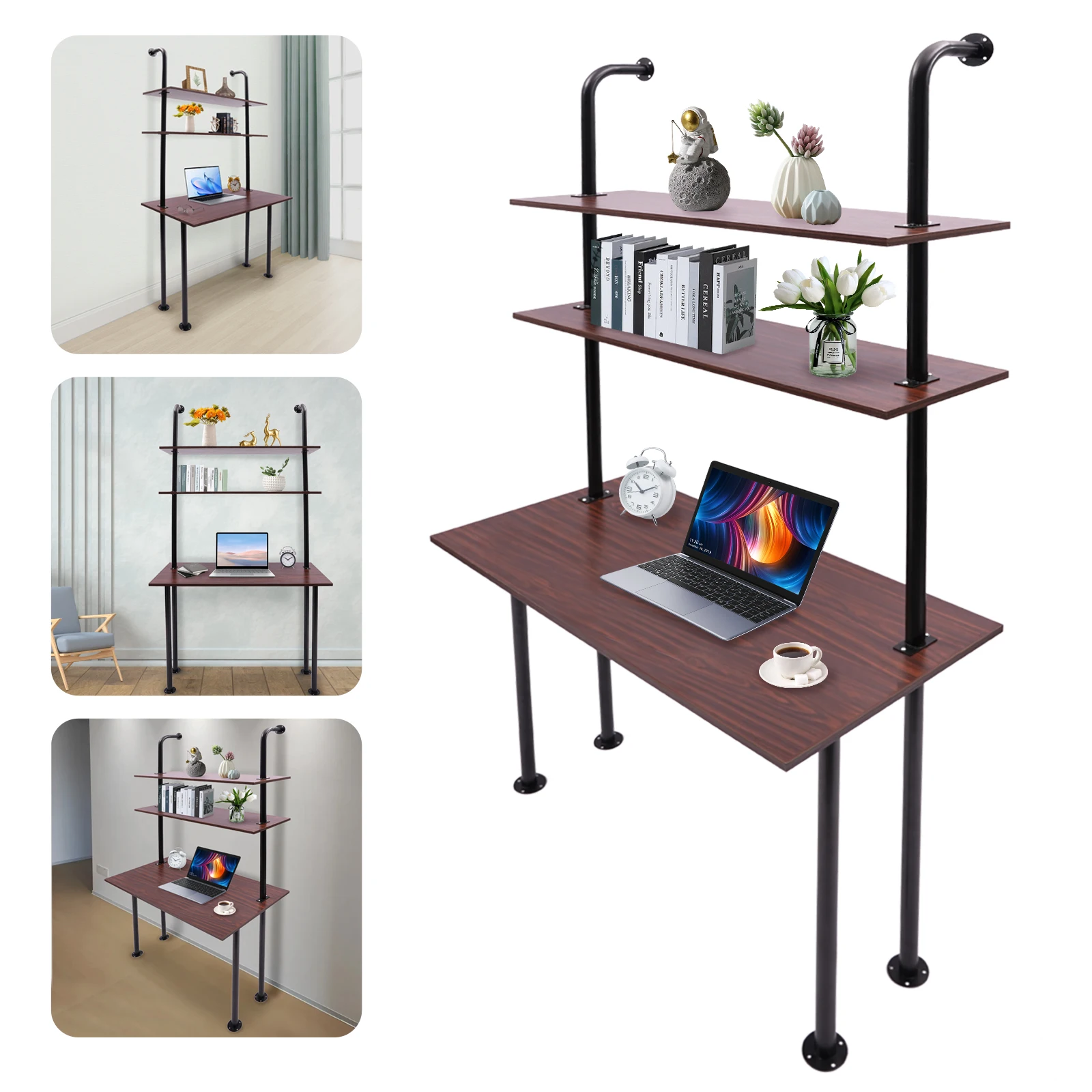 

Wall Mounted Desk 3-Tier 100x200cm, Wall Mount Computer Writing Table Holds 110lbs, Space Saving Black For Home Office